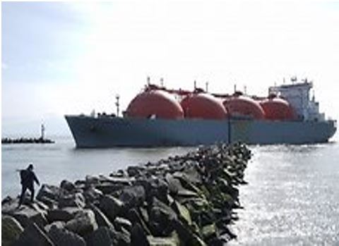 LNG carrying tanker entering the port of Klaipeda inlet
