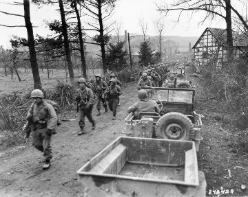Jeeps and Men of the U.S. Army First Infantry Division in Germany, 1945